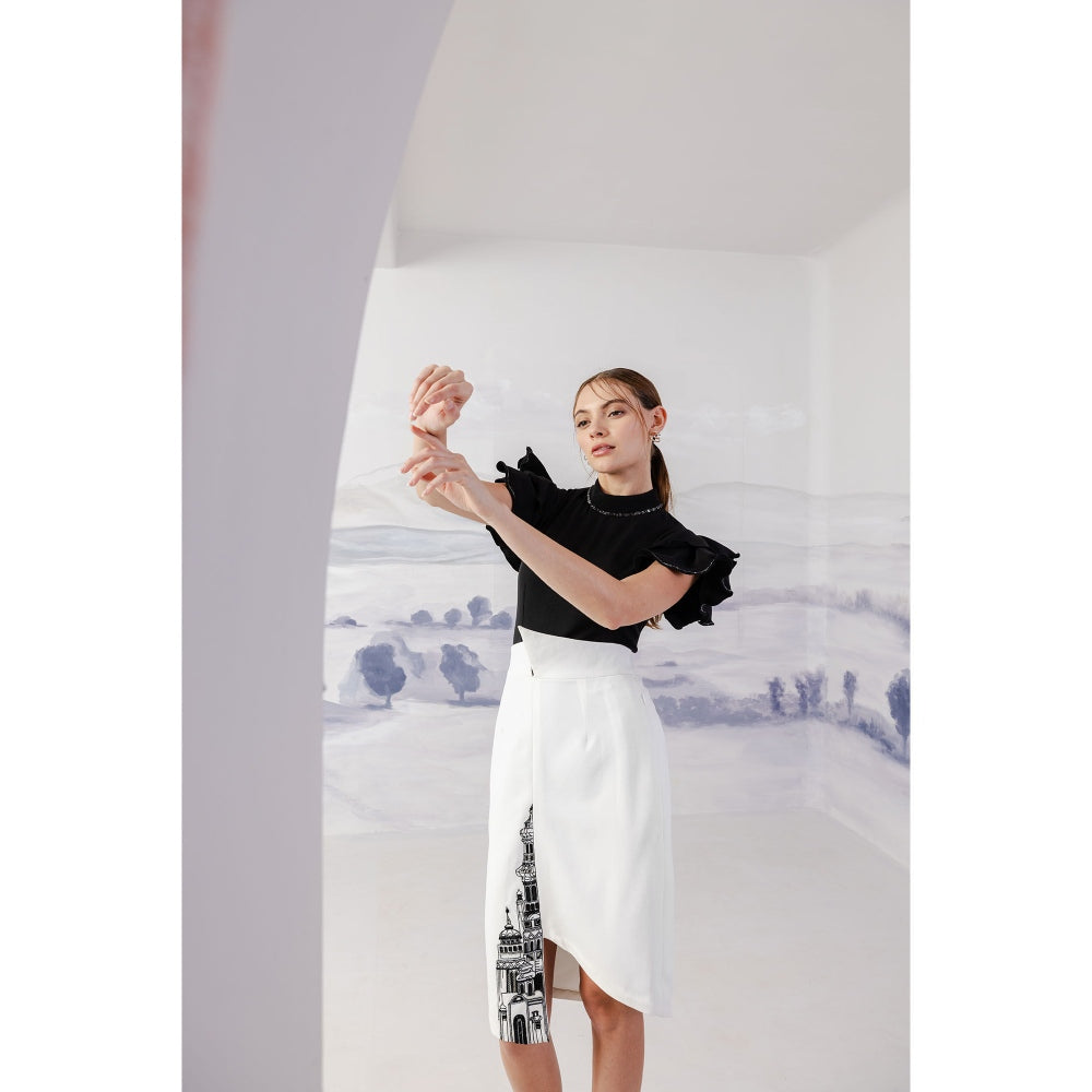 Orthodox Black Banana Crepe Ruffle Sleeves Bodysuit
