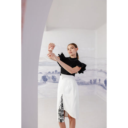 Orthodox Black Banana Crepe Ruffle Sleeves Bodysuit