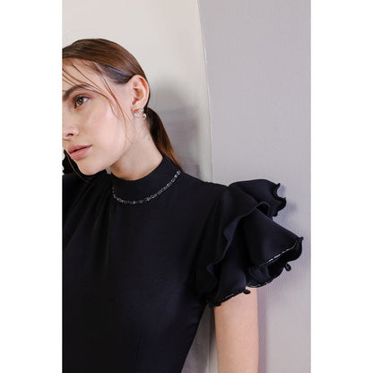 Orthodox Black Banana Crepe Ruffle Sleeves Bodysuit