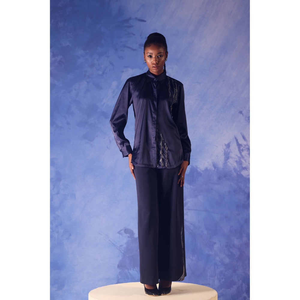 Orthodox Twilight Navy Blue Satin Shirt with Ari Work