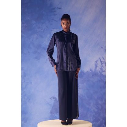 Orthodox Twilight Navy Blue Satin Shirt with Ari Work
