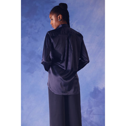 Orthodox Twilight Navy Blue Satin Shirt with Ari Work