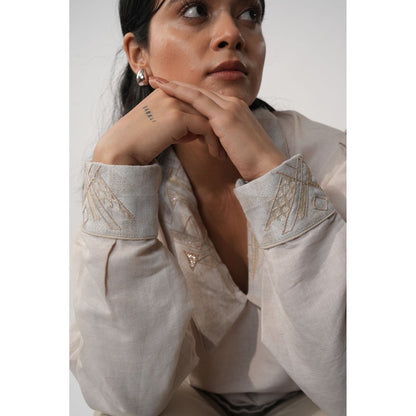 Orthodox White Chelsea Embroidery Collar Hemp Top with Belt (Set of 2)