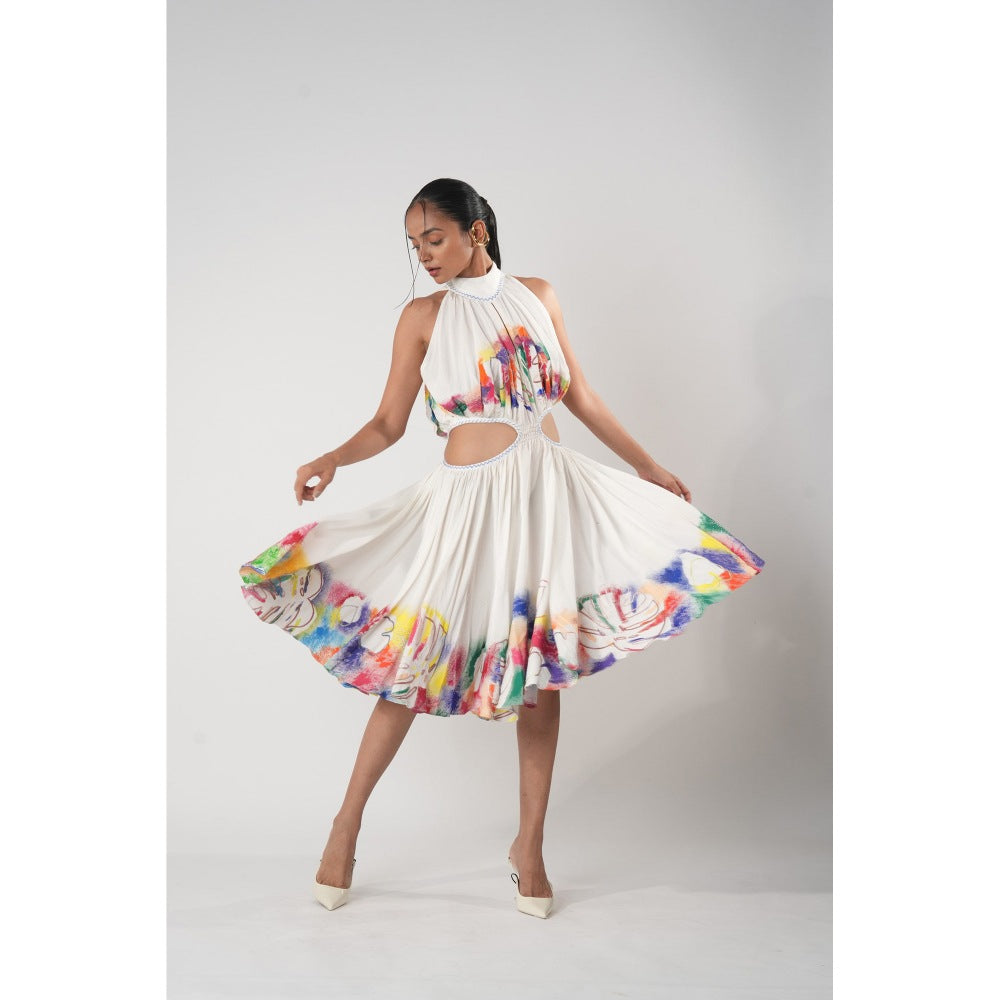 Orthodox White High-Neck Midi Dress with Cut-Out Waist and Hand-Painted Artistic Accents