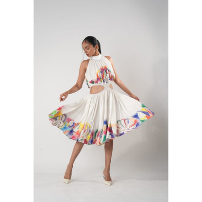 Orthodox White High-Neck Midi Dress with Cut-Out Waist and Hand-Painted Artistic Accents