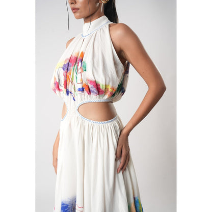 Orthodox White High-Neck Midi Dress with Cut-Out Waist and Hand-Painted Artistic Accents