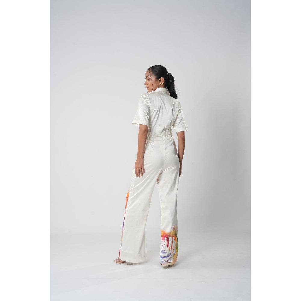 Orthodox White Hand-Painted Botanical Jumpsuit with Embroidery, Cut Dana and Structured Collar