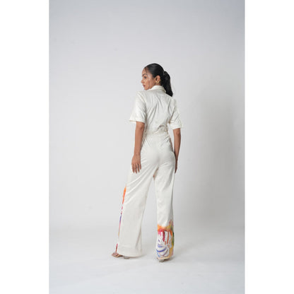 Orthodox White Hand-Painted Botanical Jumpsuit with Embroidery, Cut Dana and Structured Collar