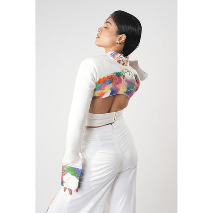 Orthodox White Embroidered Criss-Cross Wrap Jacket with Open Back