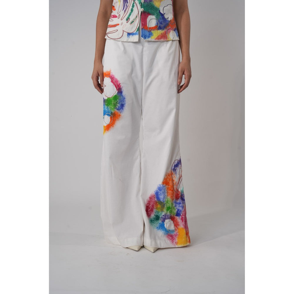 Orthodox White High-Waisted Flared Trousers with Hand-Painted Abstract Print