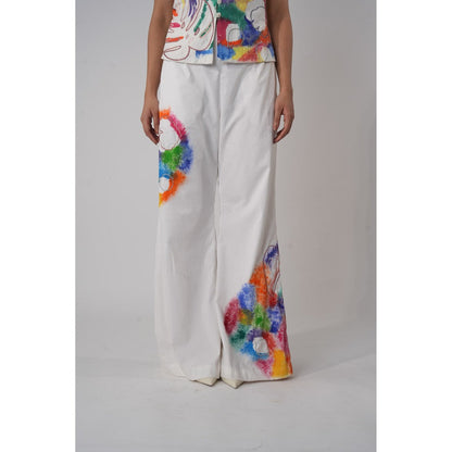 Orthodox White High-Waisted Flared Trousers with Hand-Painted Abstract Print