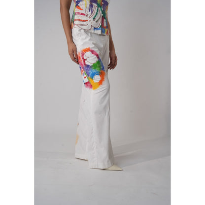 Orthodox White High-Waisted Flared Trousers with Hand-Painted Abstract Print