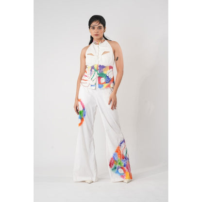 Orthodox White High-Waisted Flared Trousers with Hand-Painted Abstract Print