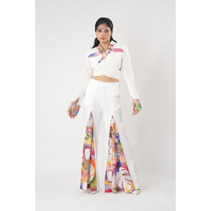Orthodox High-Waisted White Trousers with Abstract Print