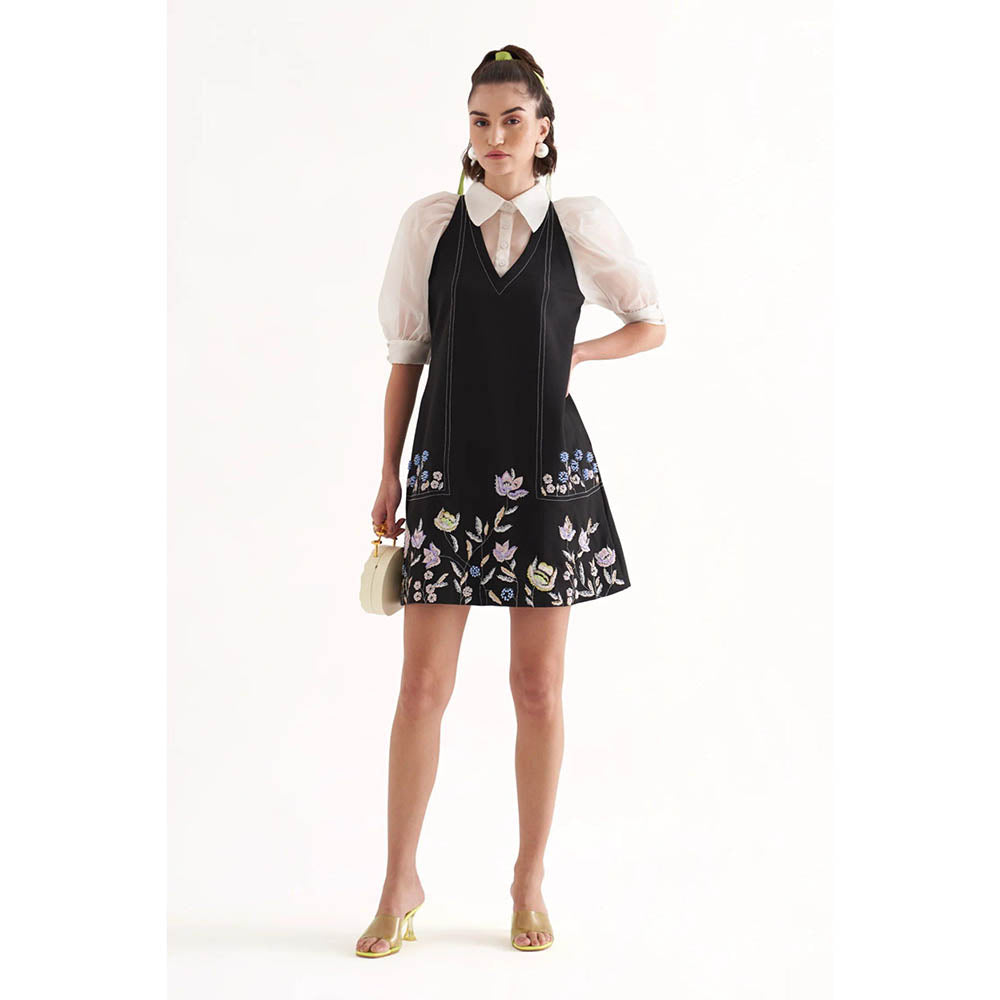 Our Love Marcella Black Banana Crepe Embroidered Mini Short Dress