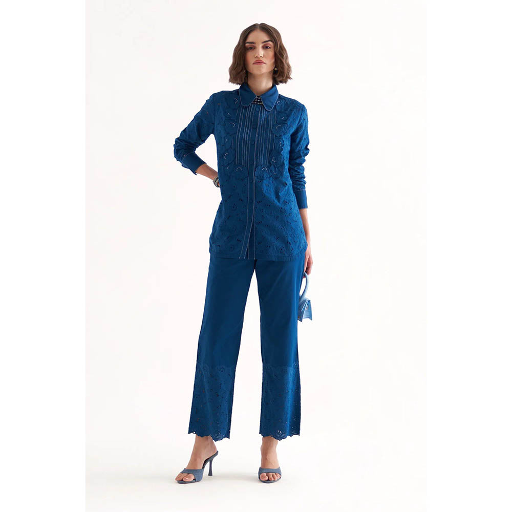 Our Love Razz Persian Blue Cotton Twill And Schiffli Embroidered Shirt & Pant (Set of 2)
