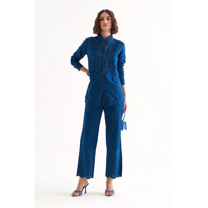 Our Love Razz Persian Blue Cotton Twill And Schiffli Embroidered Shirt & Pant (Set of 2)