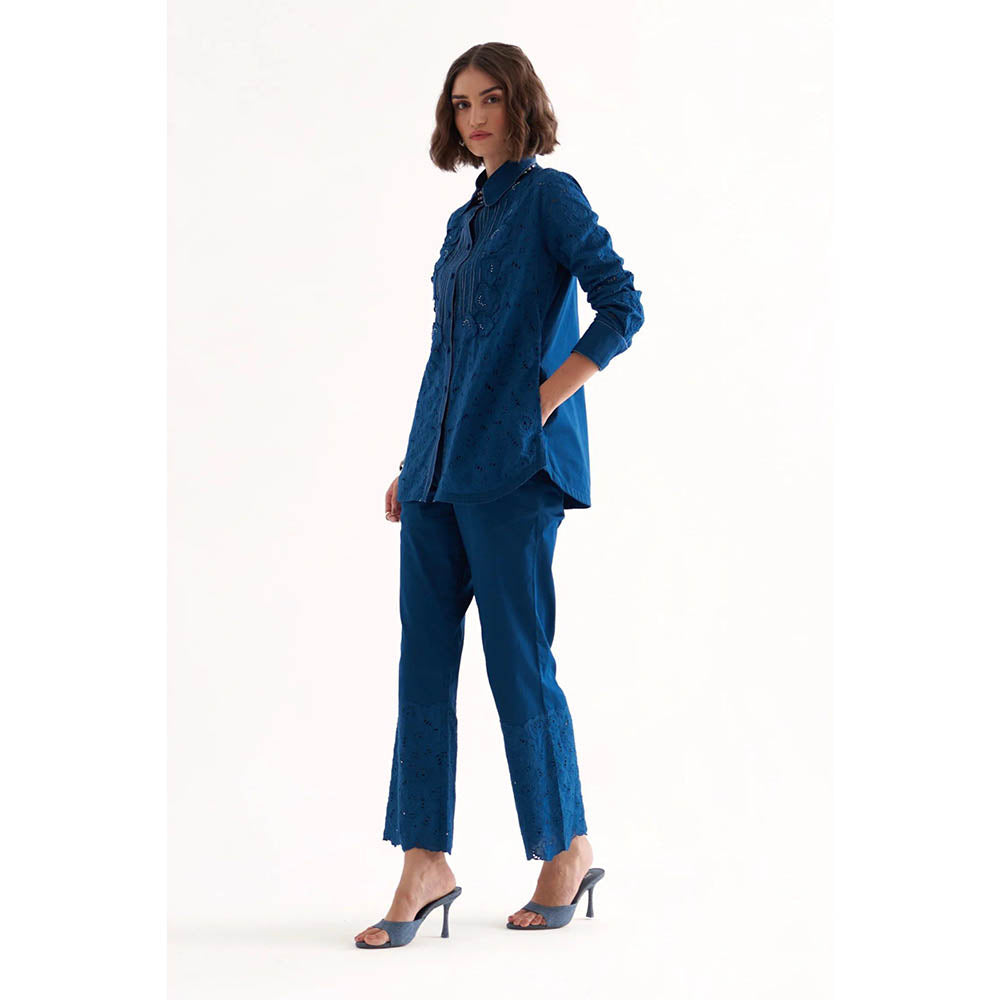 Our Love Razz Persian Blue Cotton Twill And Schiffli Embroidered Shirt & Pant (Set of 2)