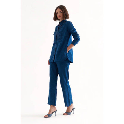 Our Love Razz Persian Blue Cotton Twill And Schiffli Embroidered Shirt & Pant (Set of 2)