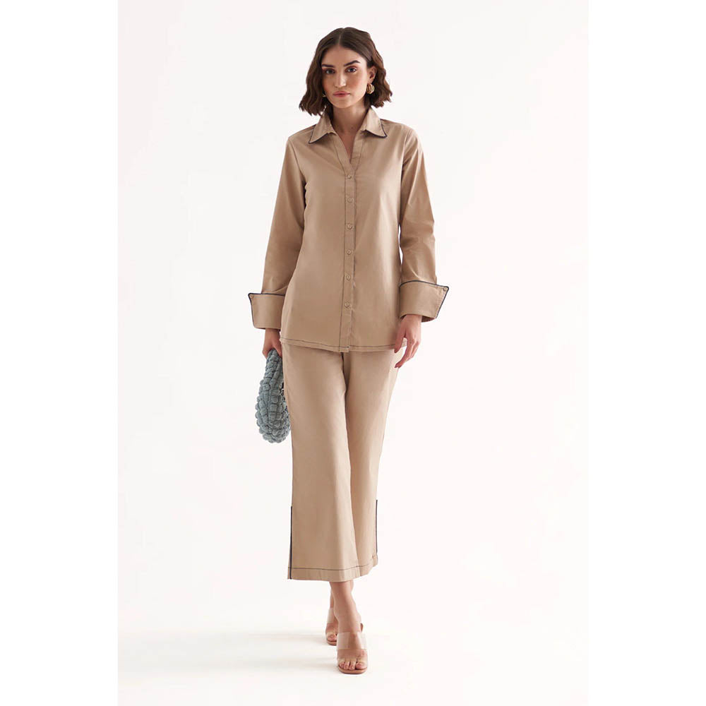 Our Love Pandora Cotton Satin Khaki Shirt And Pant (Set of 2)