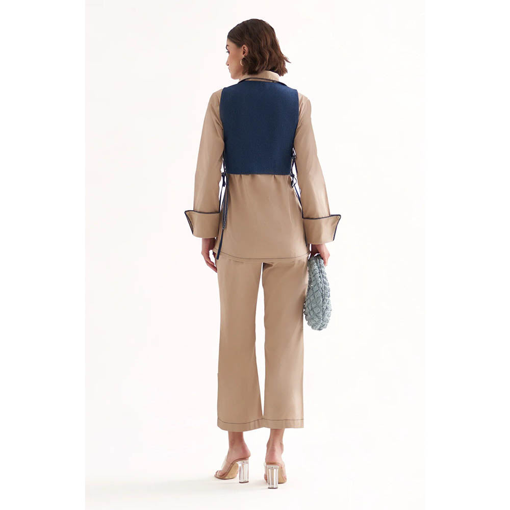 Our Love Pandora Cotton Satin Khaki Shirt And Pant With Denim Jacket (Set of 3)