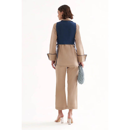 Our Love Pandora Cotton Satin Khaki Shirt And Pant With Denim Jacket (Set of 3)