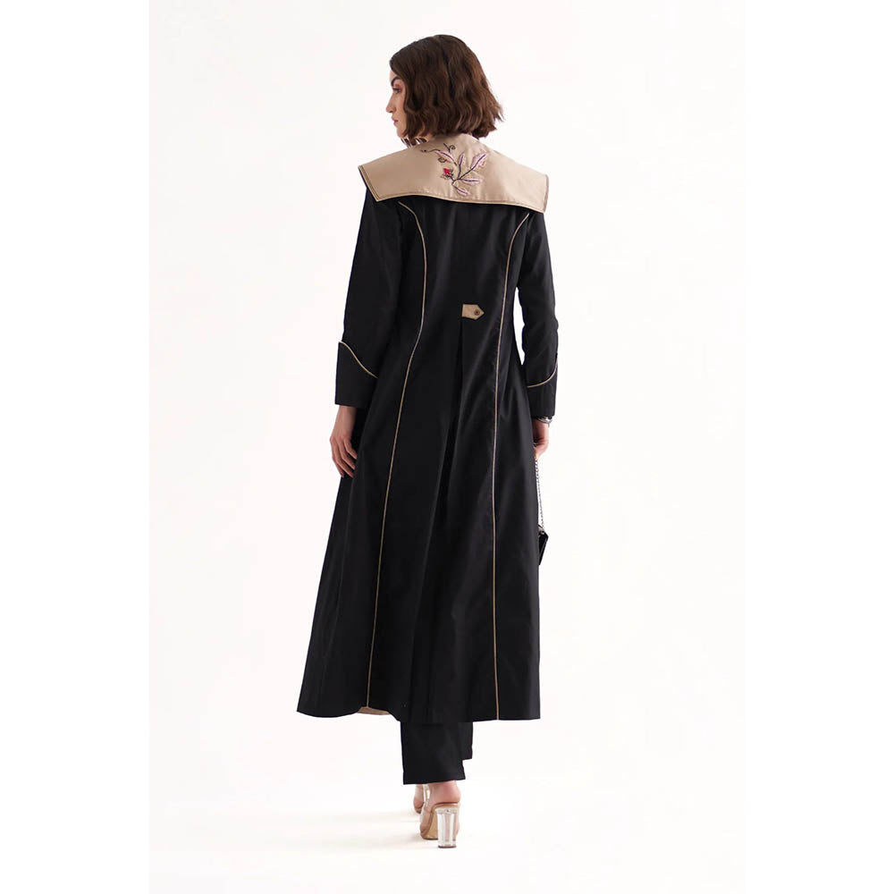 Our Love Cray Cotton Satin Black Crop Top And Pants With Embroidered Trench Coat (Set of 3)
