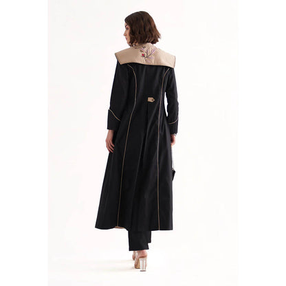 Our Love Cray Cotton Satin Black Crop Top And Pants With Embroidered Trench Coat (Set of 3)