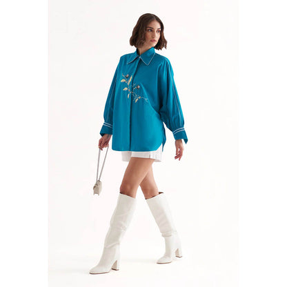 Our Love Roseate Cotton Turquoise Embroidered Shirt With White Shorts (Set of 2)