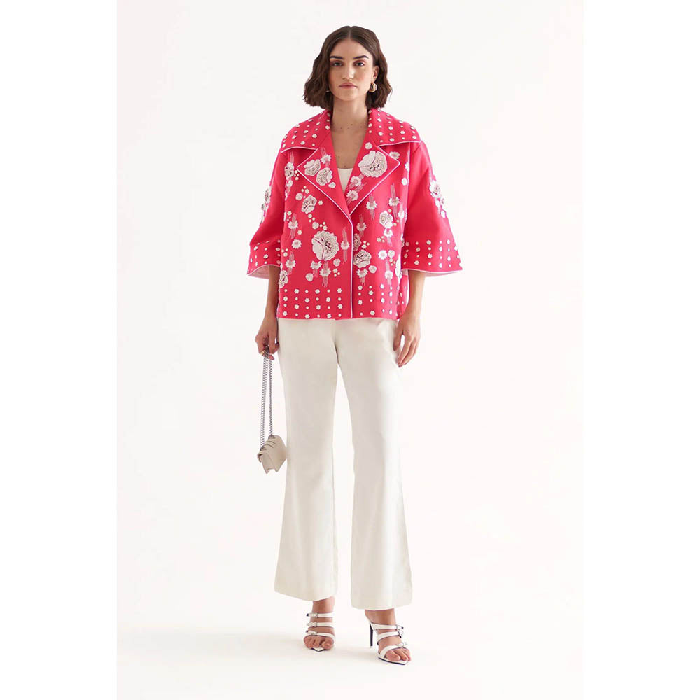 Our Love Emily Banana Crepe Fuchsia Jacket With White Bralette And Pants (Set of 3)