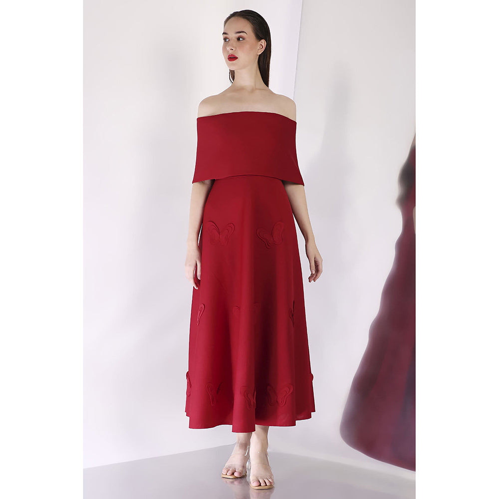Ozeqo Maroon Off Shoulder Dress with Wrap (Set of 2)