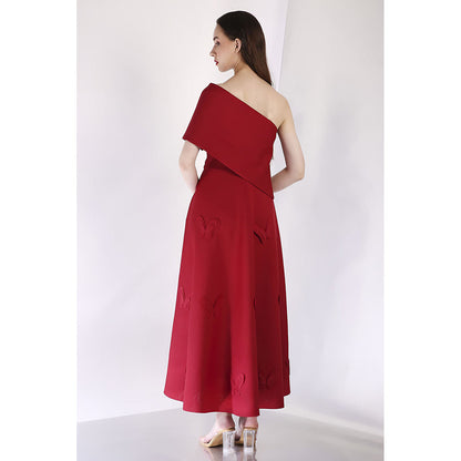Ozeqo Maroon Off Shoulder Dress with Wrap (Set of 2)