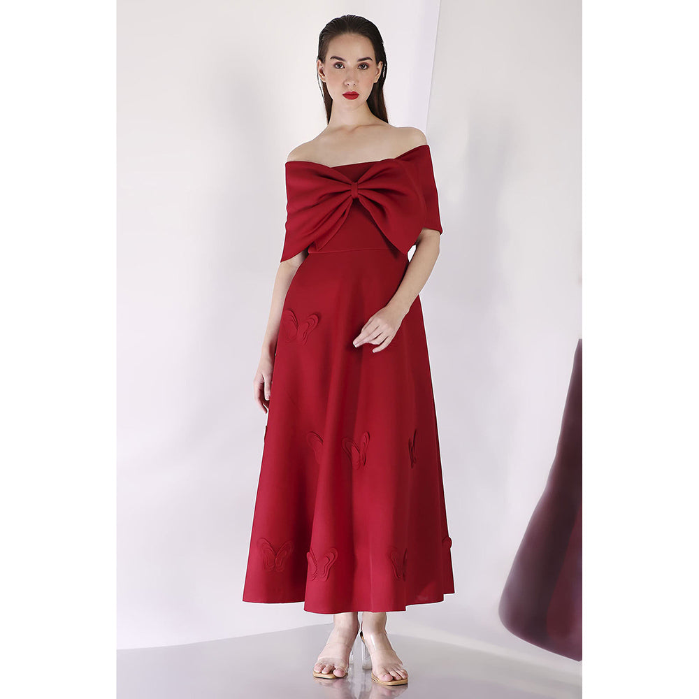 Ozeqo Maroon Midi Dress with Wrap (Set of 2)