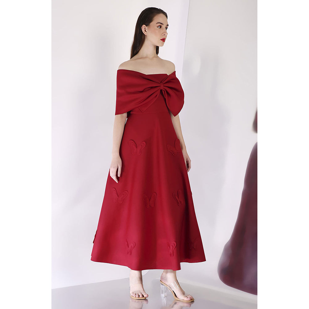 Ozeqo Maroon Midi Dress with Wrap (Set of 2)