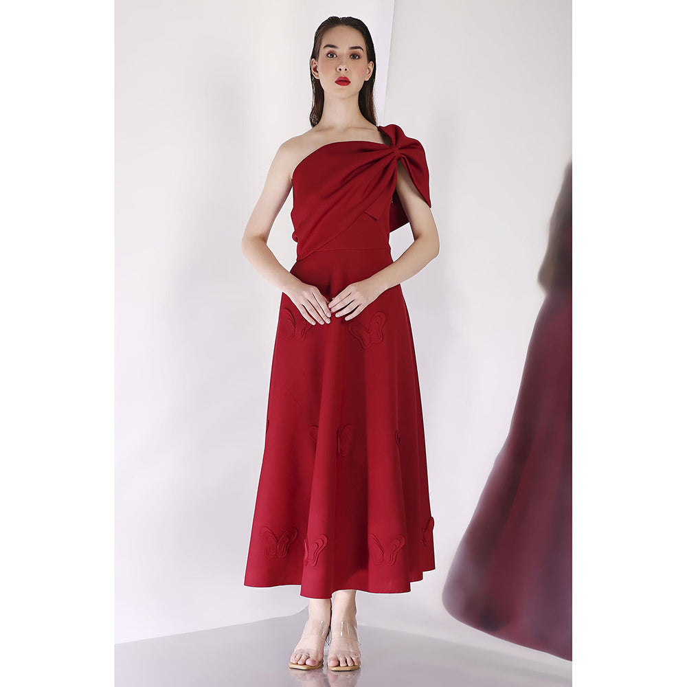Ozeqo Maroon Midi Dress with Wrap (Set of 2)