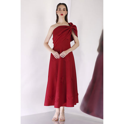 Ozeqo Maroon Midi Dress with Wrap (Set of 2)