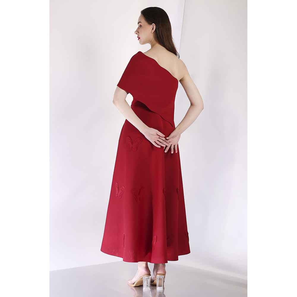 Ozeqo Maroon Off Should Midi Dress with Wrap (Set of 2)