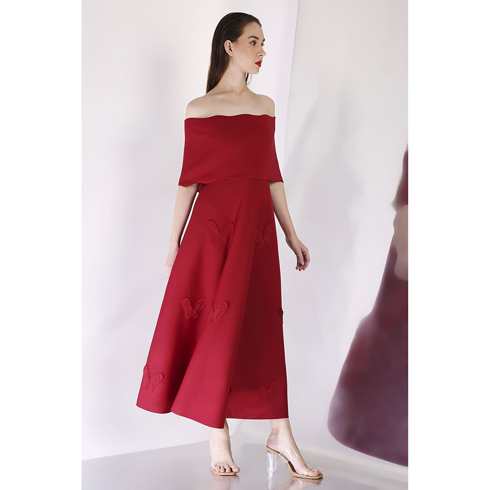 Ozeqo Maroon Off Should Midi Dress with Wrap (Set of 2)