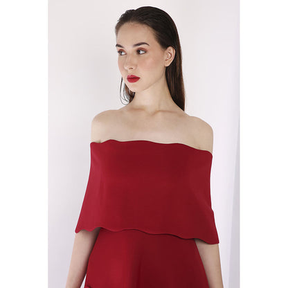 Ozeqo Maroon Off Should Midi Dress with Wrap (Set of 2)
