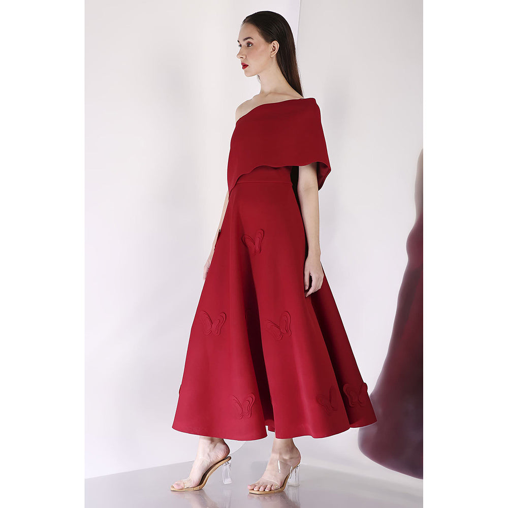 Ozeqo Maroon Off Should Midi Dress with Wrap (Set of 2)