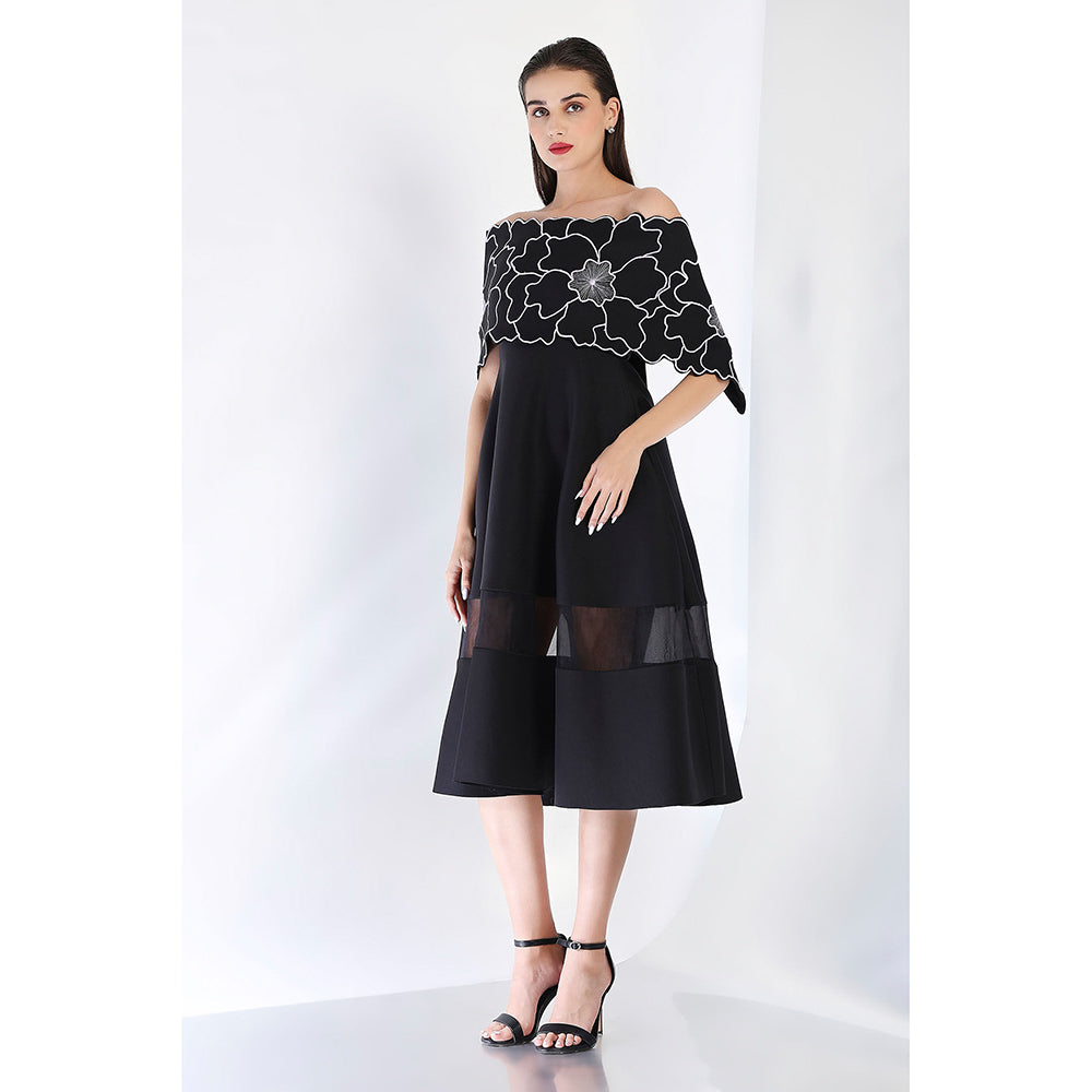 Ozeqo Black Fit and Flare Embroidered Dress and Wrap