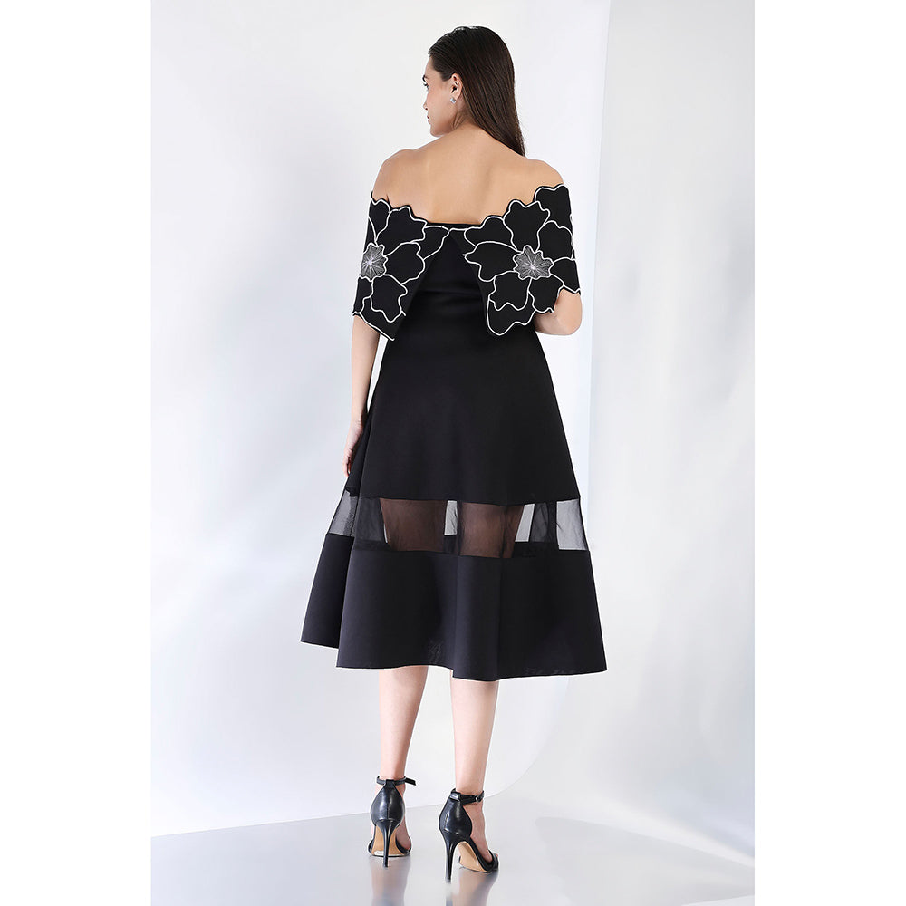 Ozeqo Black Fit and Flare Embroidered Dress and Wrap