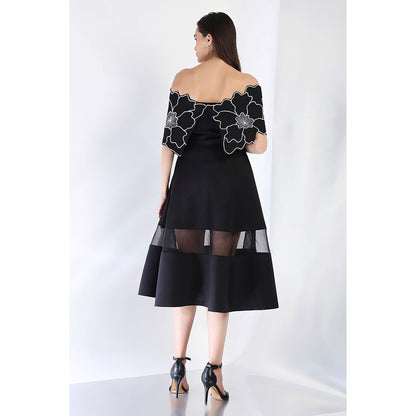 Ozeqo Black Fit and Flare Embroidered Dress and Wrap
