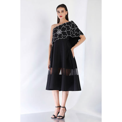 Ozeqo Black Fit and Flare Embroidered Dress and Wrap