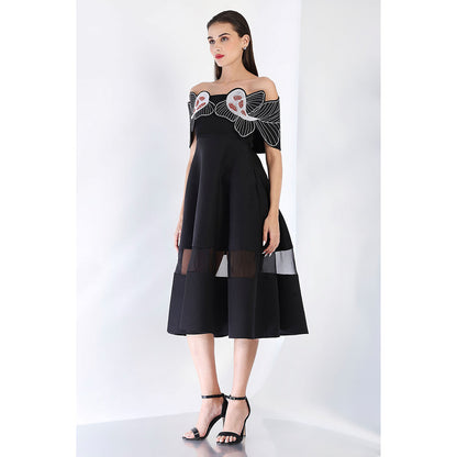 Ozeqo Black Fit and Flare Embroidered Dress and Wrap