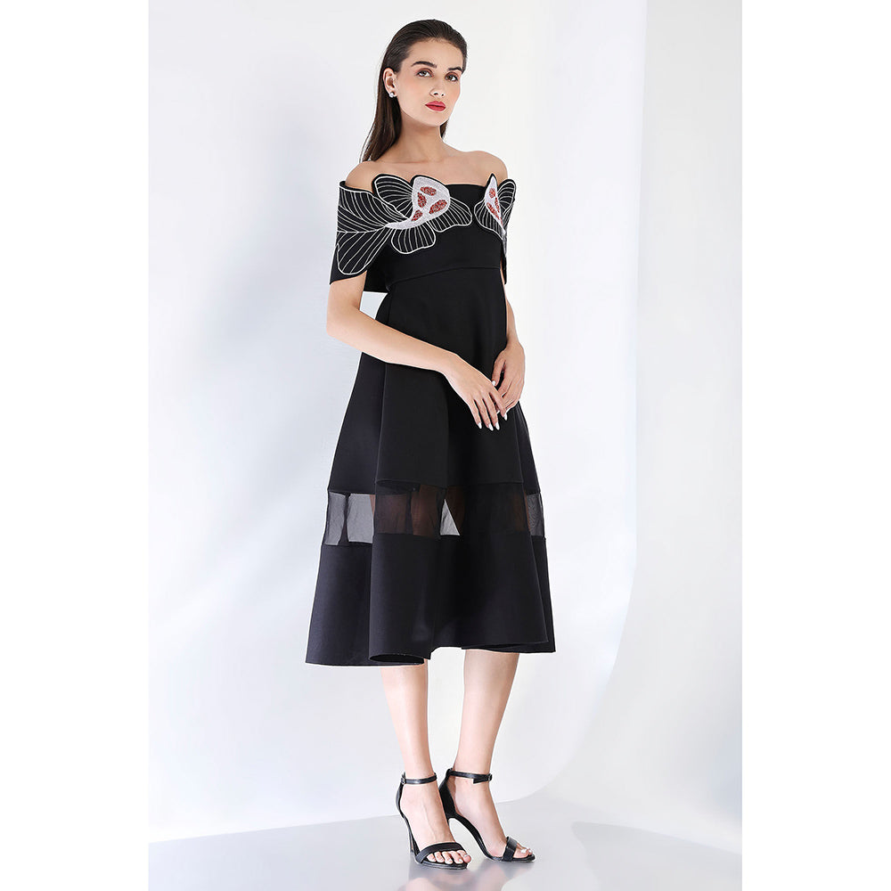 Ozeqo Black Fit and Flare Embroidered Dress and Wrap