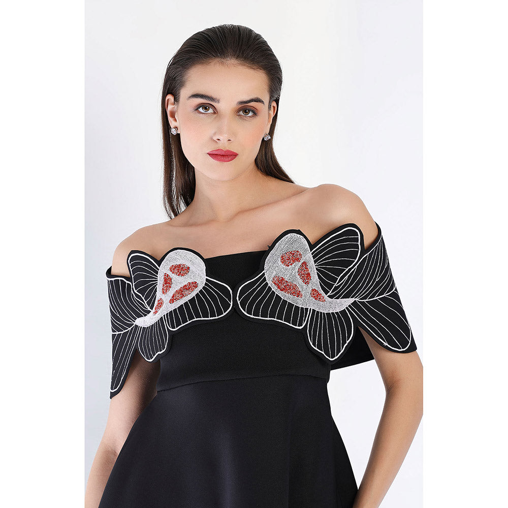Ozeqo Black Fit and Flare Embroidered Dress and Wrap