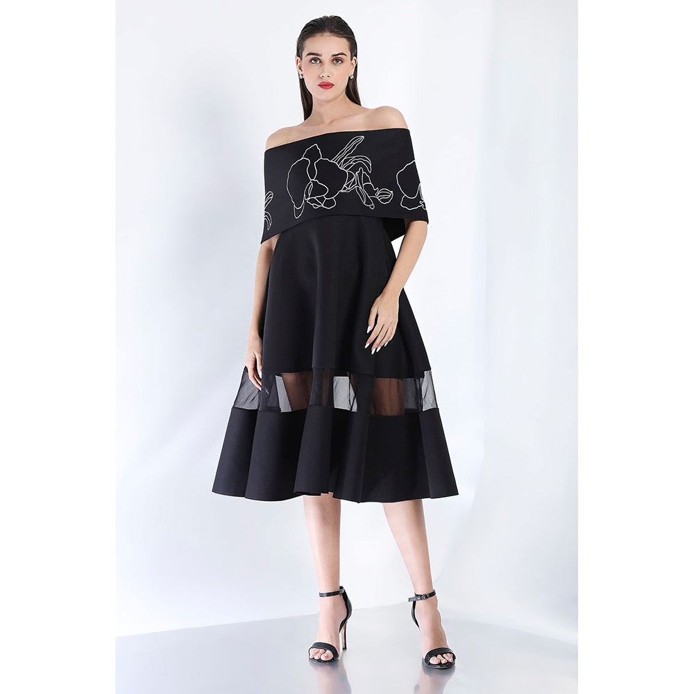 Ozeqo Black Fit and Flare Embroidered Dress and Wrap