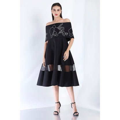 Ozeqo Black Fit and Flare Embroidered Dress and Wrap