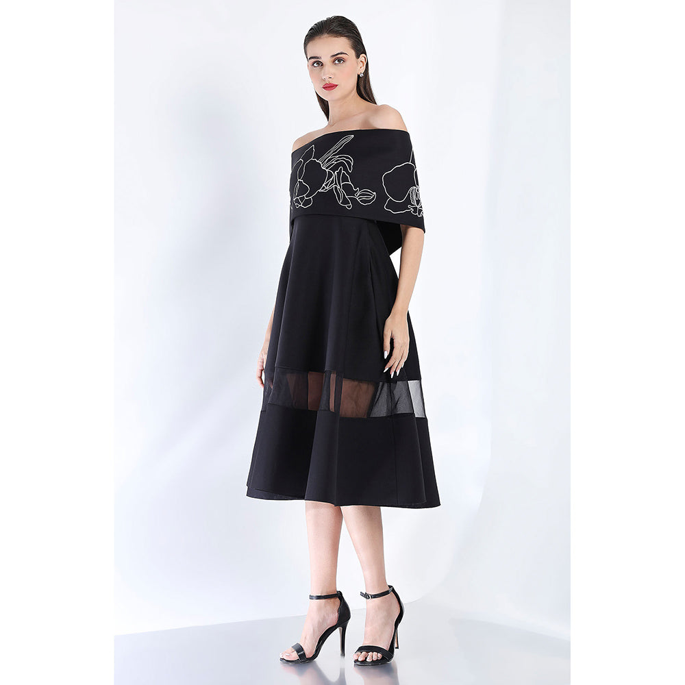 Ozeqo Black Fit and Flare Embroidered Dress and Wrap